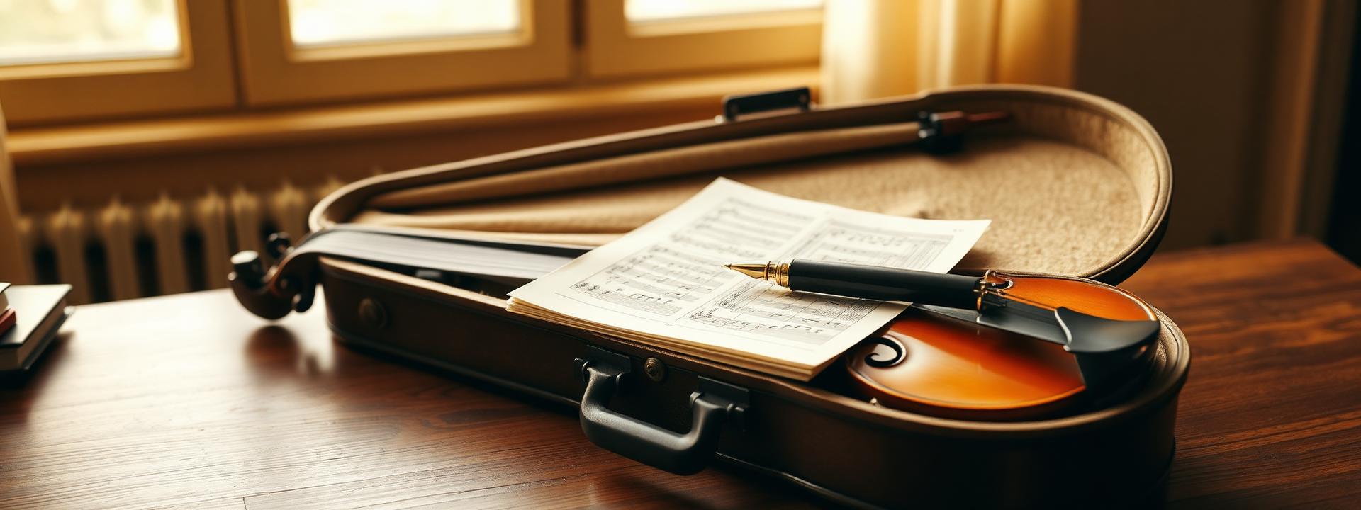 Open vioolkist met bladmuziek op een houten bureau