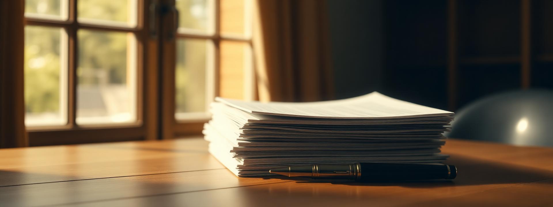 Stapel officiële documenten met vulpen op houten bureau